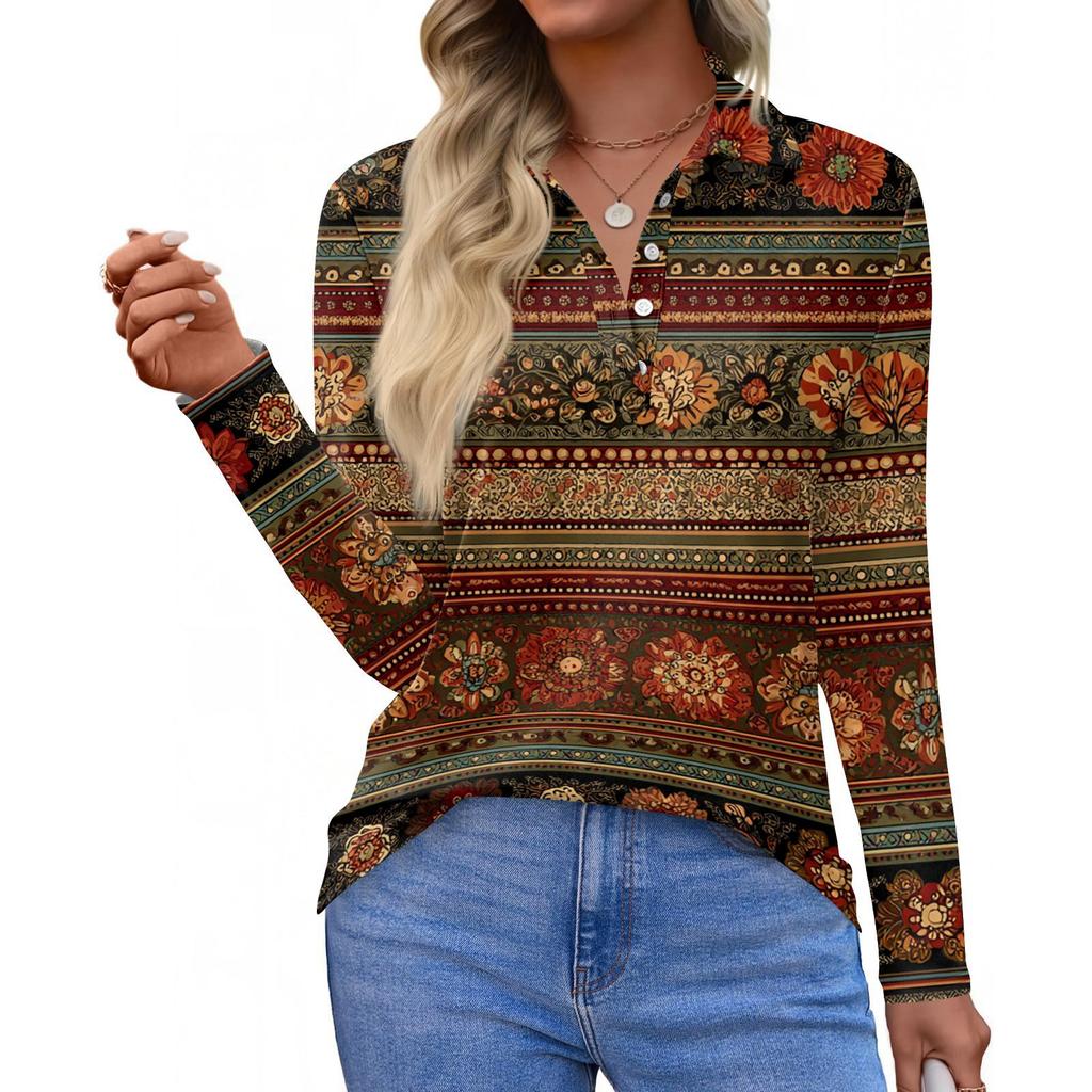 Women's Fashion Casual Lapel Short Long Sleeve Print Shirt Women's Button Up Tops