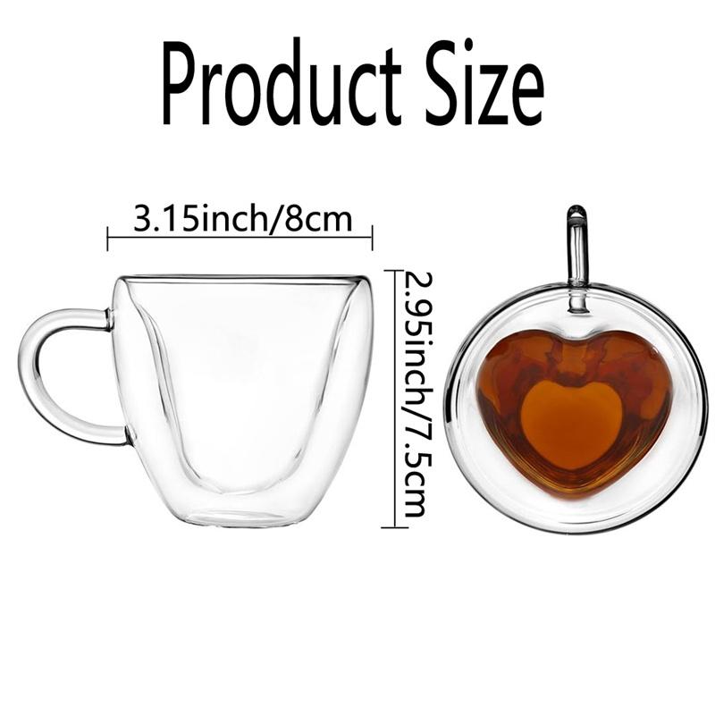 1/2pcs Heart Cup Couple Cup Double Layer Glass Insulated Clear Tea Cups with Handle for Coffee,Cappuccino, Latte, Milk Drinkware