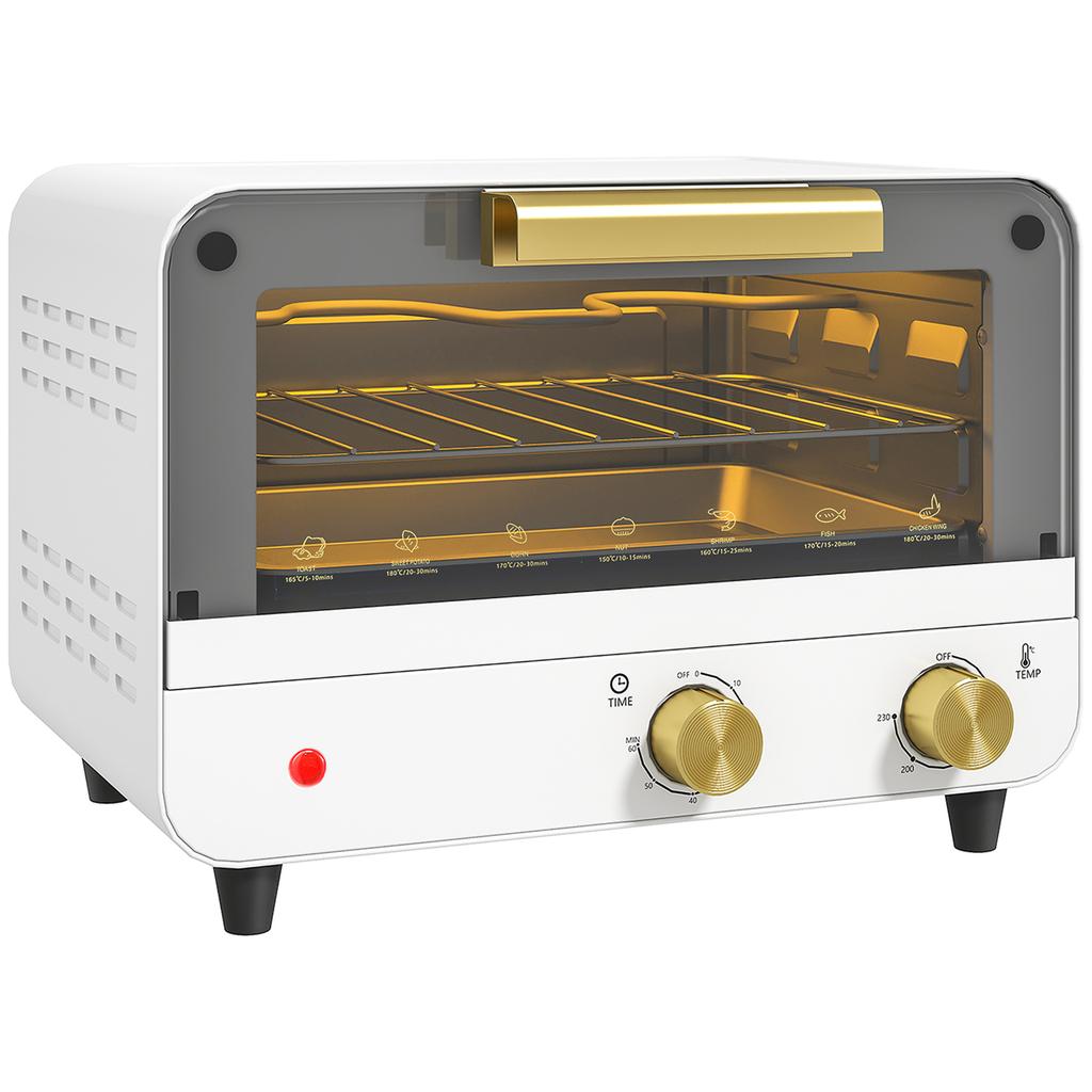 Small Toaster Oven, 12L Multifunction Mini Countertop Oven with Glass Door, Adjustable Temperature and Timer, White