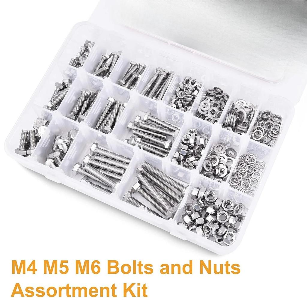 480PCS 304 Stainless Steel, 13 Metric Common Sizes Included M4 M5 M6 Bolts Nuts Assortment Kit