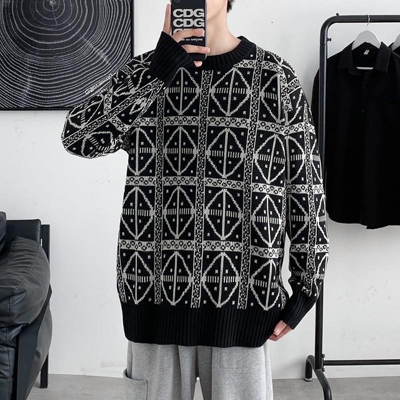 

Осень-зима Мужские свитера с воротником-стойкой Винтажный дизайн Харадзюку Свободные студенческие теплые свитера с длинным рукавом Хип-поп Геометрические джемперы 2XL чёрный