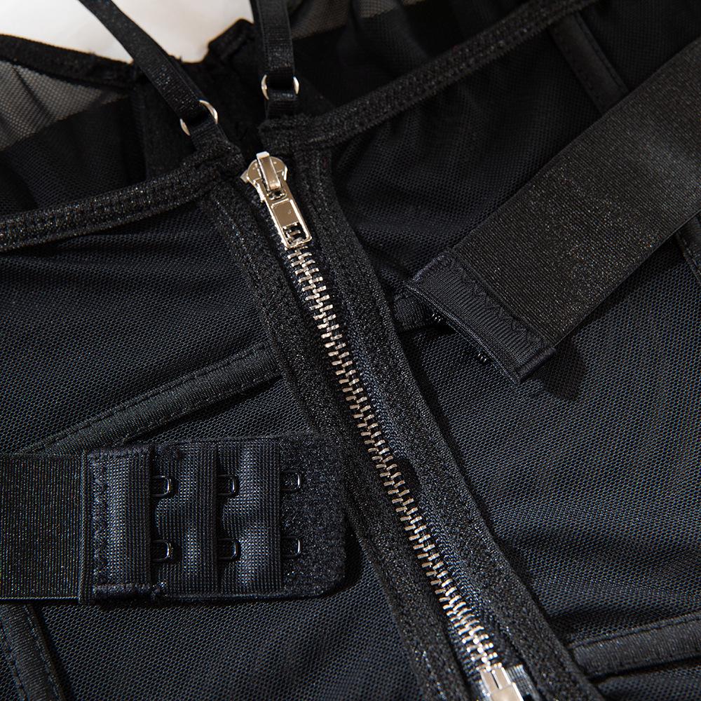 European and American Style Sexy Women's Bodysuit Set: Mesh See-Through, Deep V, Double Spaghetti Straps, Solid Color.