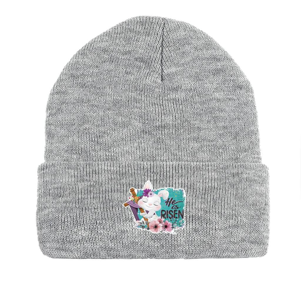HE IS RISEN" Rabbit Print Knitted Cap Beanie, Easter Skull Cap Cancer Chemo Winter Sporting Headwear Knit Hat Beanie