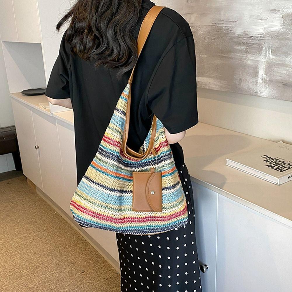 

Beach Handbag Beach Bag Bohemian Style Hollow Tote Bag Casual Raffia Shoulder Bag Vacation Style 1