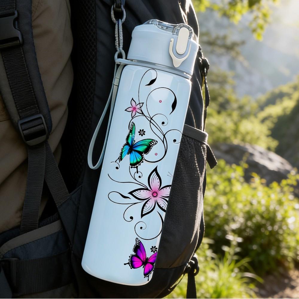 1PC Colorful Butterfly Floral Pattern 750ml Color Plastic Sports Water Bottle Leakproof Flip Straw Lid Suitable for Sports Office Home Use