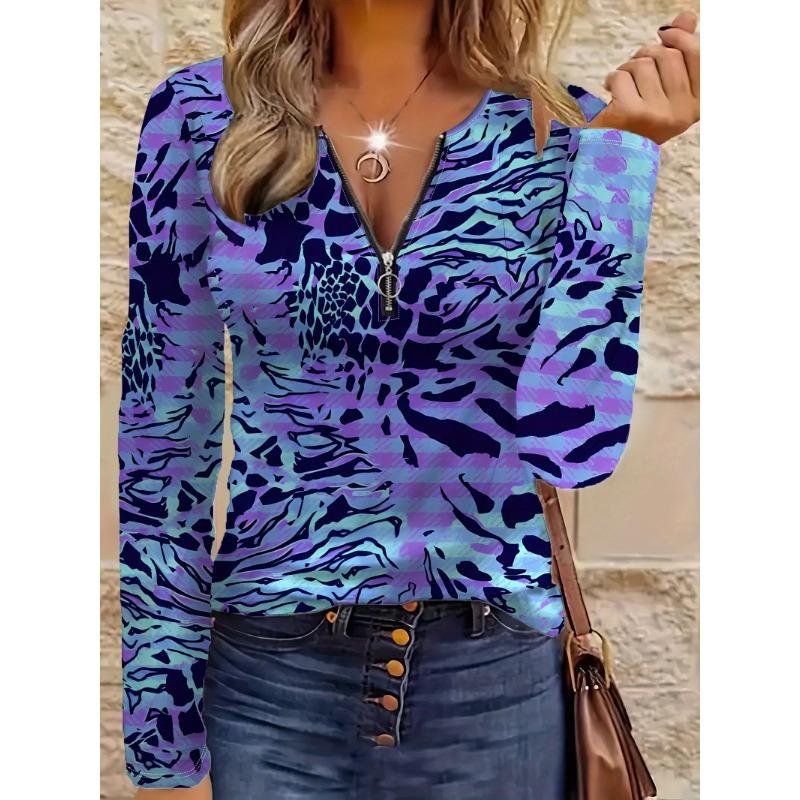 Elegant, Casual, and Comfortable Style with Zebra and Leopard Print Textured Elements, Women's Round-neck Zip-up Long-sleeve Top