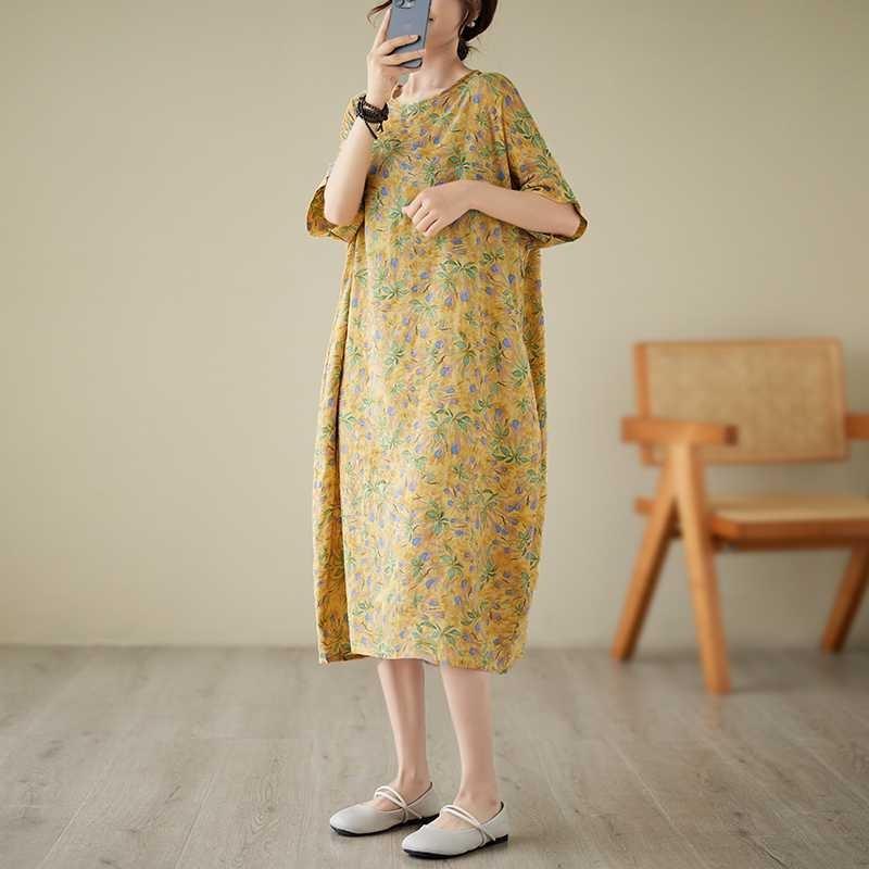 Summer New Yellow Floral Loose Thin Mid-length Temperament Dress Women