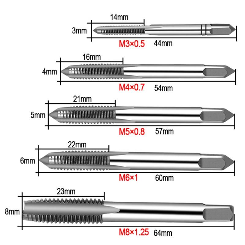 Kit de 5 tarauds à filetage métrique HSS pour machine, 3 mm, 4 mm, 5 mm, 6 mm, 8 mm, M3-M8, M3, M4, M5, M6, M8