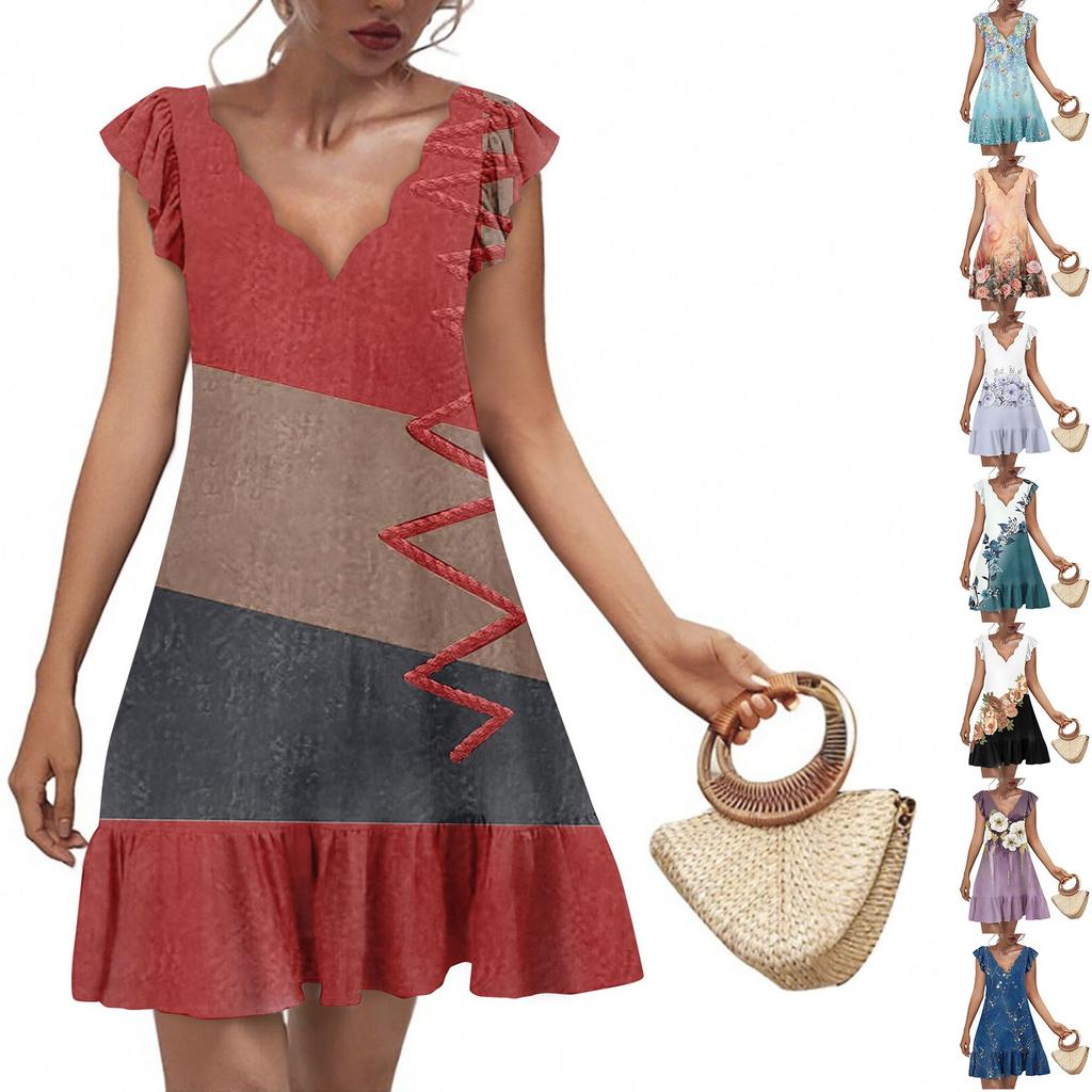 Women's Fashion Casual V Neck Wavy Edge Print Short Sleeve Dress