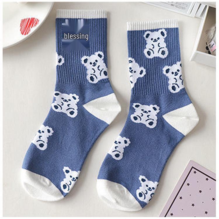 Blue Women's Mid-Calf Socks with Cute Cartoon Bear Design - Korean Style, Trendy for All Seasons
