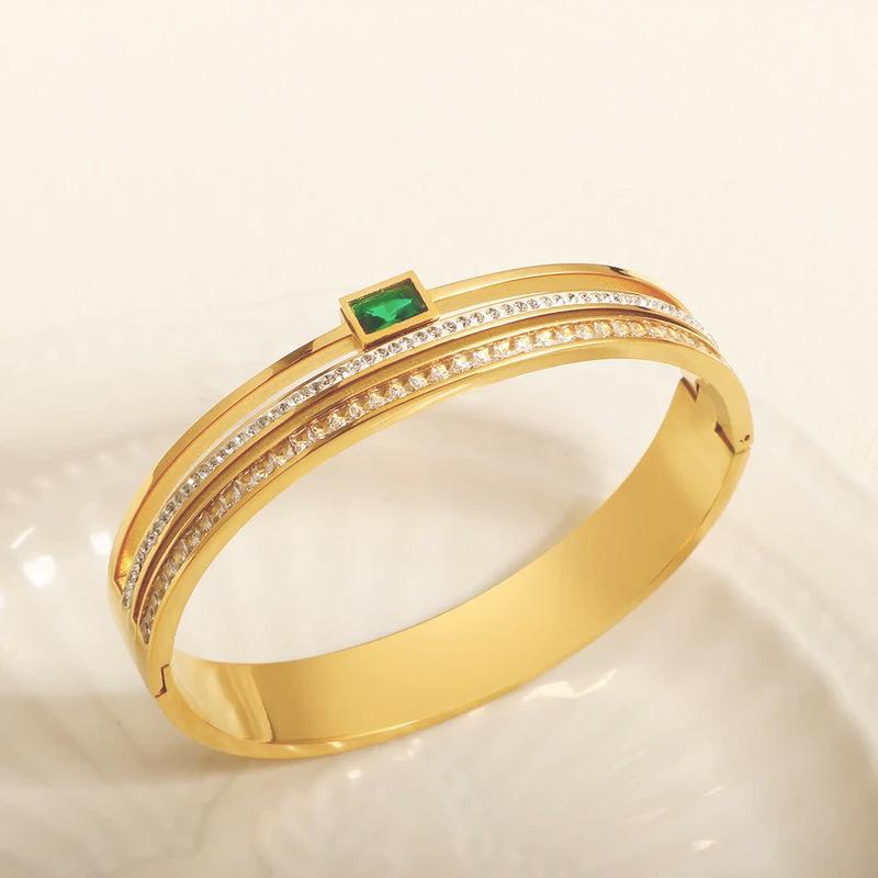 European & American Women's Titanium Steel Bracelet with Green Zircon Crystal and Full Diamond Detail