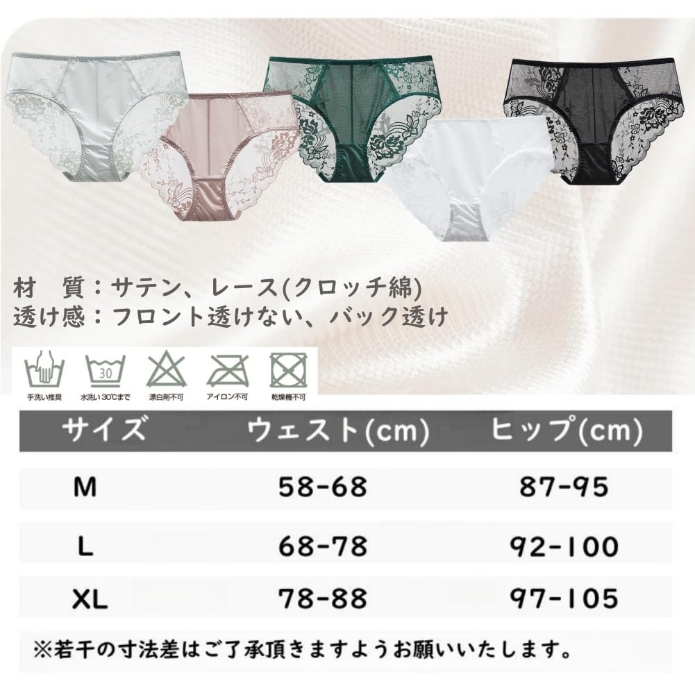 VIVISHOW Shiny Regular Sexy Plain Panties with Hip Lucky Women's Satin-Look Full-Back Lace, See-Through, Non-Digital Underwear, Bag, 5-Pack (LL Size)