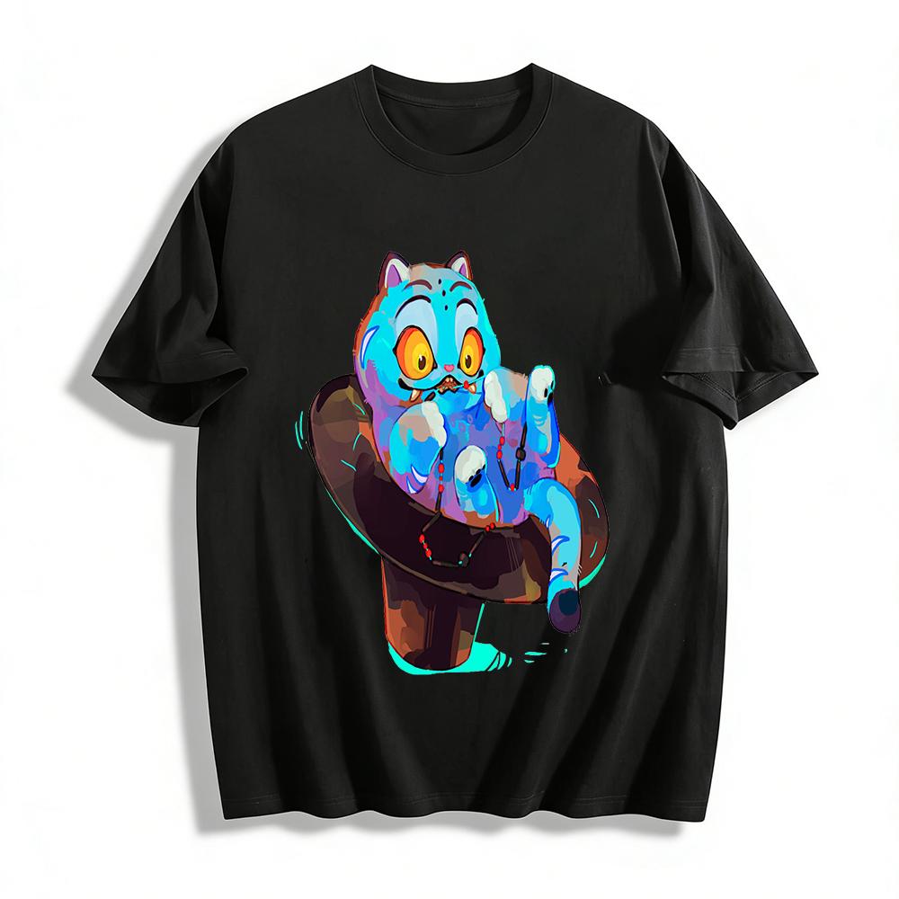 Funny Blue Cat Lying On Top Hat Graphic T-shirt Cool Street Style Unisex Casual Tee Pure cotton T-shirt XXS