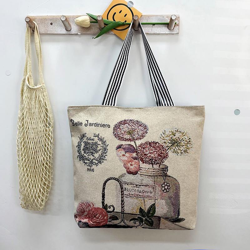 Large capacity tote bag gold silk embroidery canvas bag source creative pattern single-sided embroidery women's shoulder bag