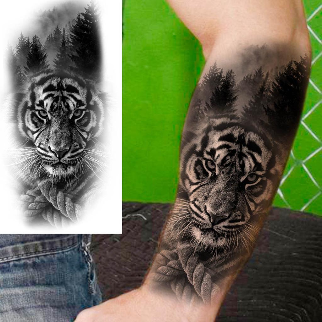 1 Sheet Lion Wolf Skeleton Nun Tiger Black Temporary Tattoos For Men Adult Leg Arm Compass Flower Fake Tattoo Sticker Waterproof