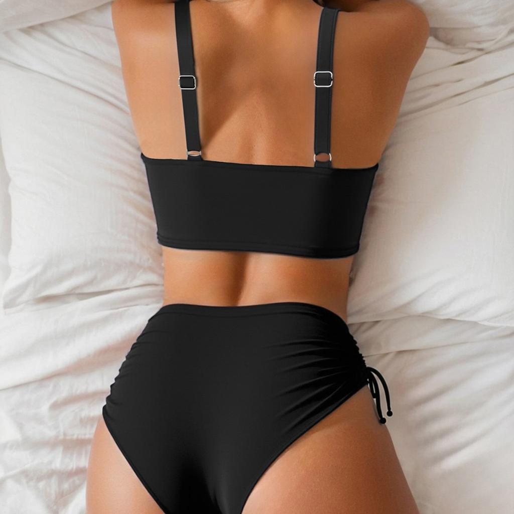 Solides Netz-Patch Hohe Taille Kordelzug Zweiteiliges Bikini-Set Bequem Elegant