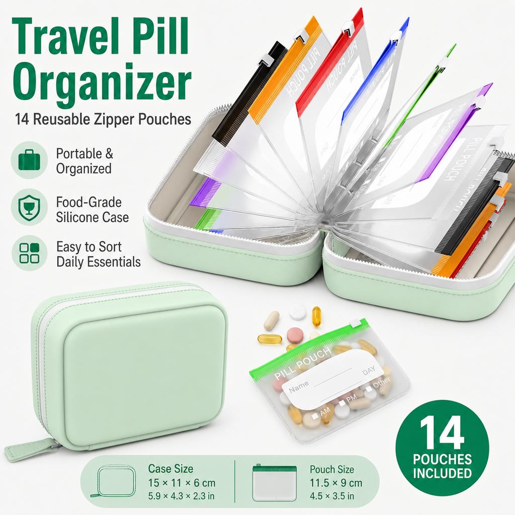 Travel Portable Pill Organizer with 14 Reusable Zipper Pouches, Food Grade Silicone Case for Medicine and Daily Essentials