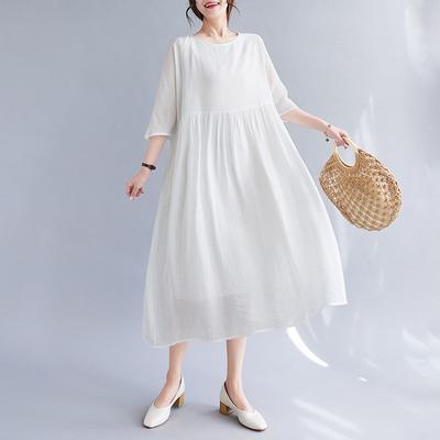 2025 Summer New Cotton and Linen Dress Fine Wrinkle Texture Double Layer Yellow Fairy Dress Casual Loose Dress