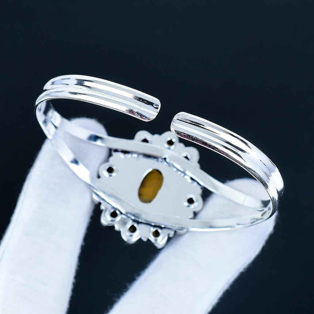 Natural Tiger Eye Gemstone Handmade Cuff Bangle 925 Sterling Silver Cuff Bangle, Tiger Eye Flower Shape Bracelet For Wife, Unisex Bangle