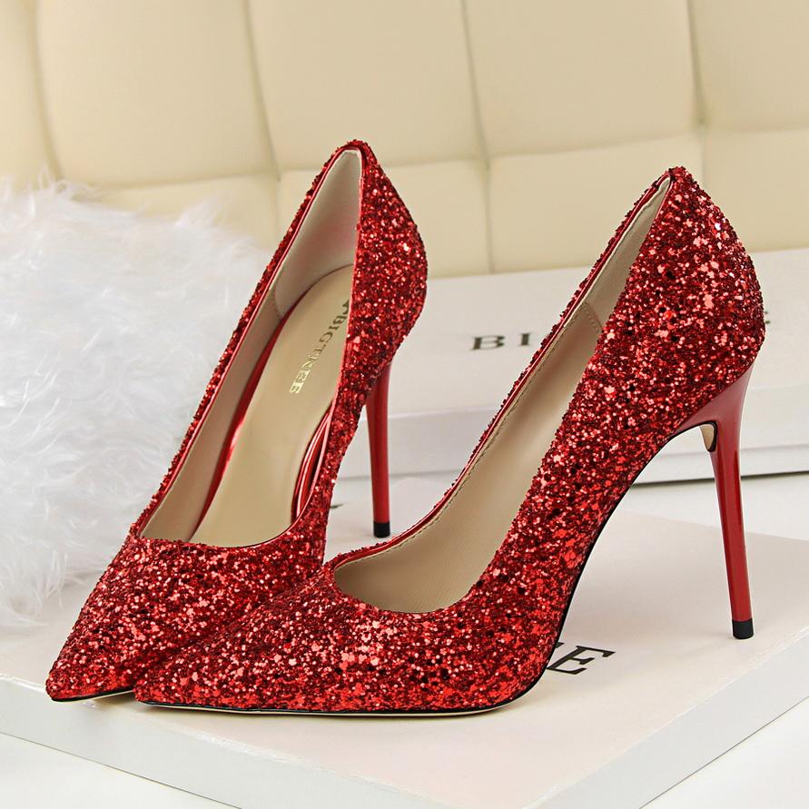 Fashion 2025 Women 9.5cm High Heels Plus Size 43 Stripper Glitter Scarpins Luxury Pumps Stiletto Wedding Bridal Gold Silver Fetish Shoes