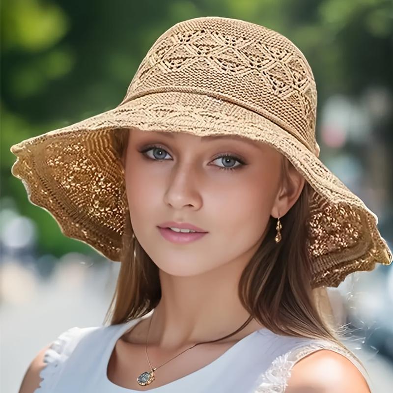 

Elegant Hollow-out Knitted Sun Hat with Wavy Brim - Breathable Foldable Beach Bucket Hat for Women one size хаки