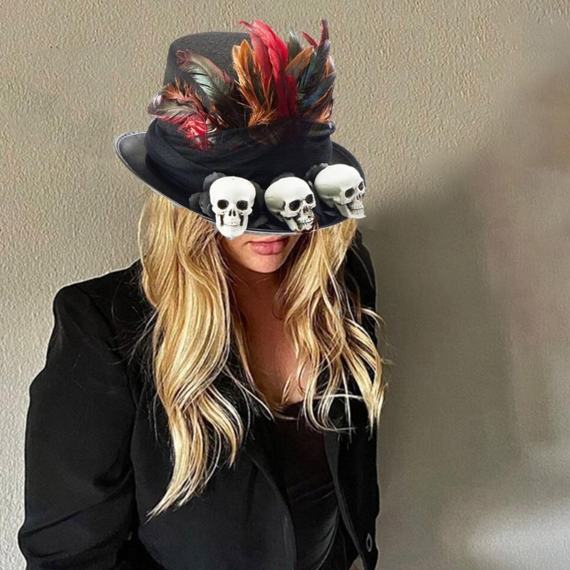 Medieval Adult Steampunks Flat Top Hat with Skull Halloween Feather&Veil Felts Hat Carnivals Role Play Magicians Hat