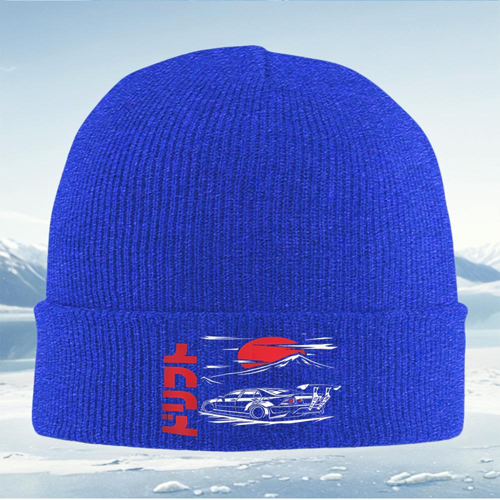 Car drifting sunset mountain design Men Women Unisex Knitted Hat Beanie Pullover Cap Winter Thermal Warm Christmas Outdoor Cycli