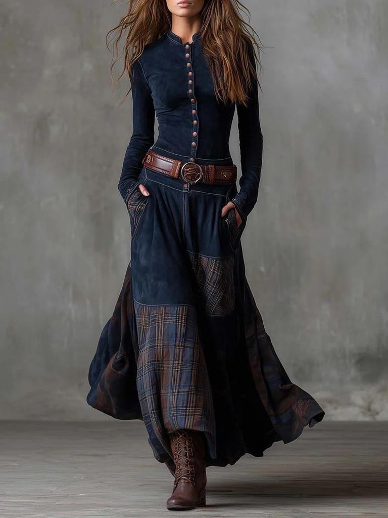 Women's Navy Blue Stand Collar Top and Plaid Trim Long Skirt Set