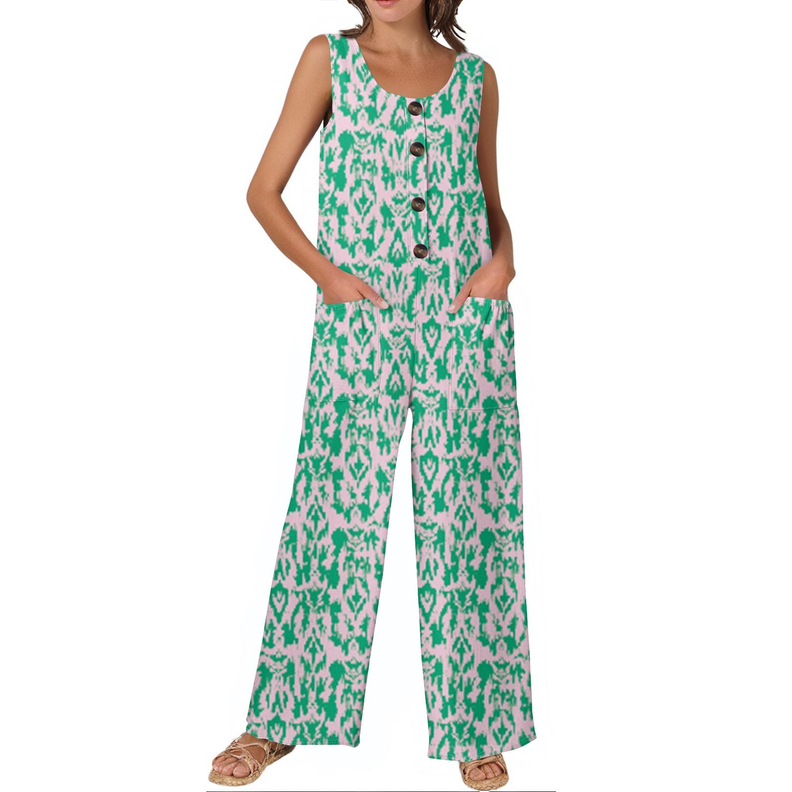 Women s Fashion Casual Button-down Sleeveless Jumpsuit Floral Print Cotton Pocket Jumpsuit XXL зелёный