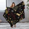 Golden Reindeer Christmas Fleece Blanket, Black with Red Holiday Greeting, Festive Throw for New Year and Xmas Decor