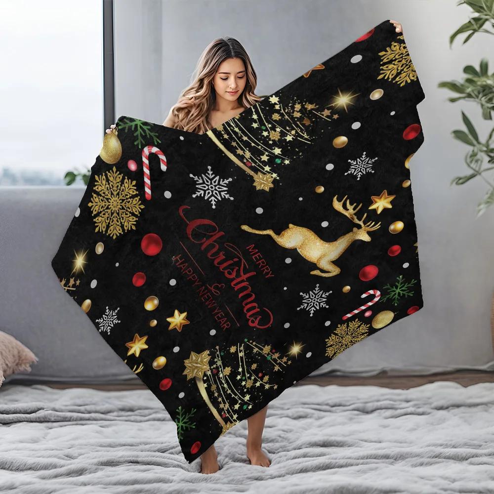 Golden Reindeer Christmas Fleece Blanket, Black with Red Holiday Greeting, Festive Throw for New Year and Xmas Decor