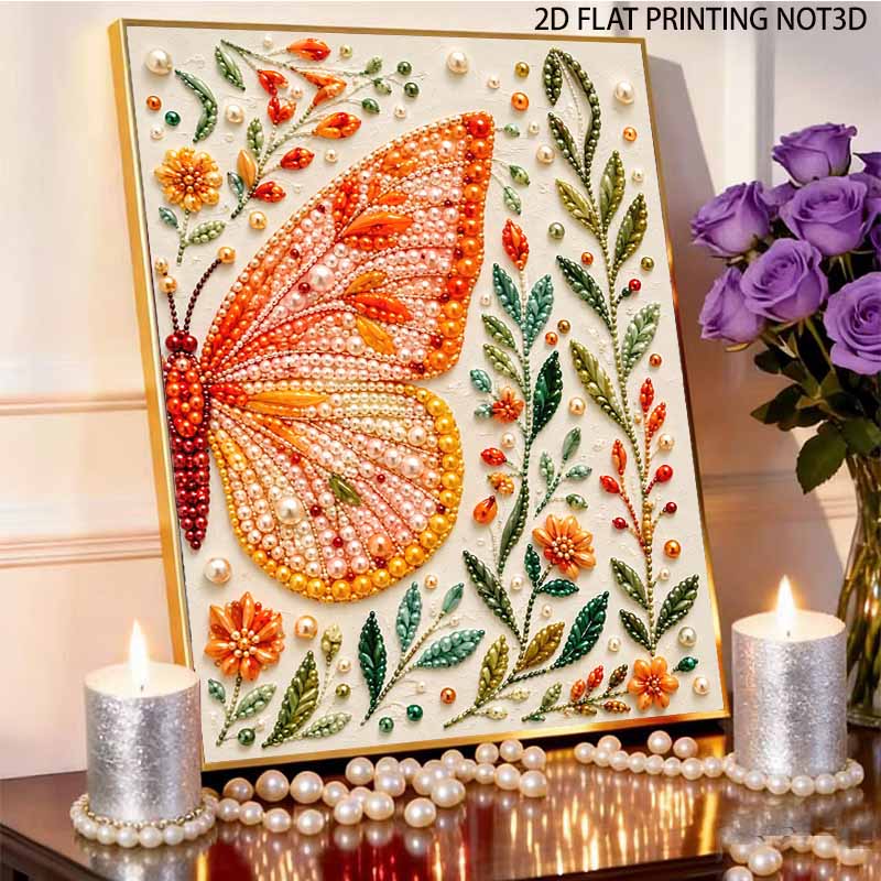 Sparkling Pearl Painting Kit with Frame Orange Butterfly Floral Bead Art Canvas Relaxing Craft Home Wall Decor Art Gift for Adults