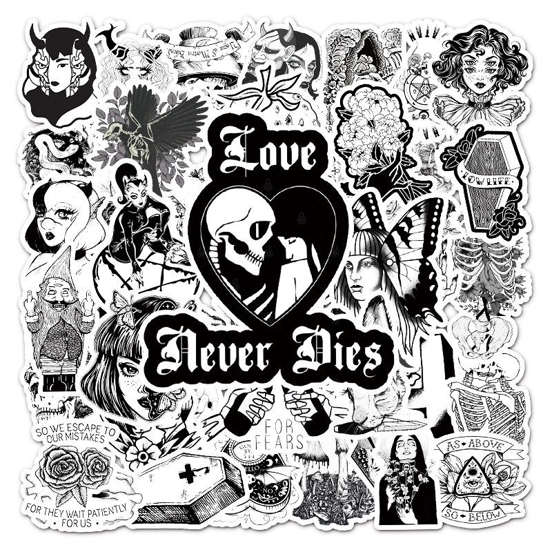 50 Black & White Gothic Punk Style Graffiti Stickers for DIY Suitcases, Notebooks, and Skateboards.
