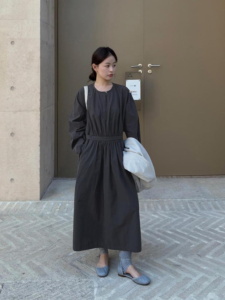 TG Minimalist Cotton-Feel Round Neck Long Sleeve Dress - 2026 Gentle Korean Style with Large Hem