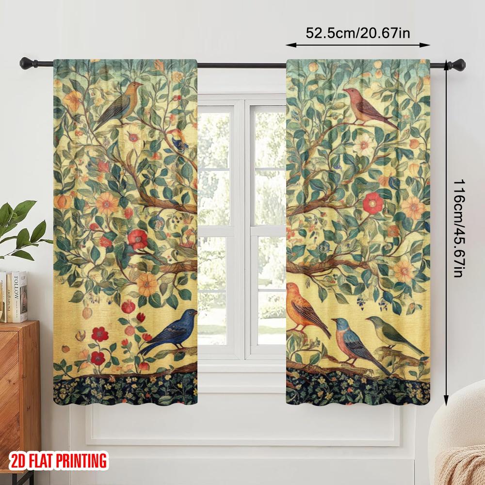 2pcs,2D Plane Printing Curtain Fabric Birdsong Blossom Polyester (without Rod) Room Decor Perfect for Living Room & Kitchen