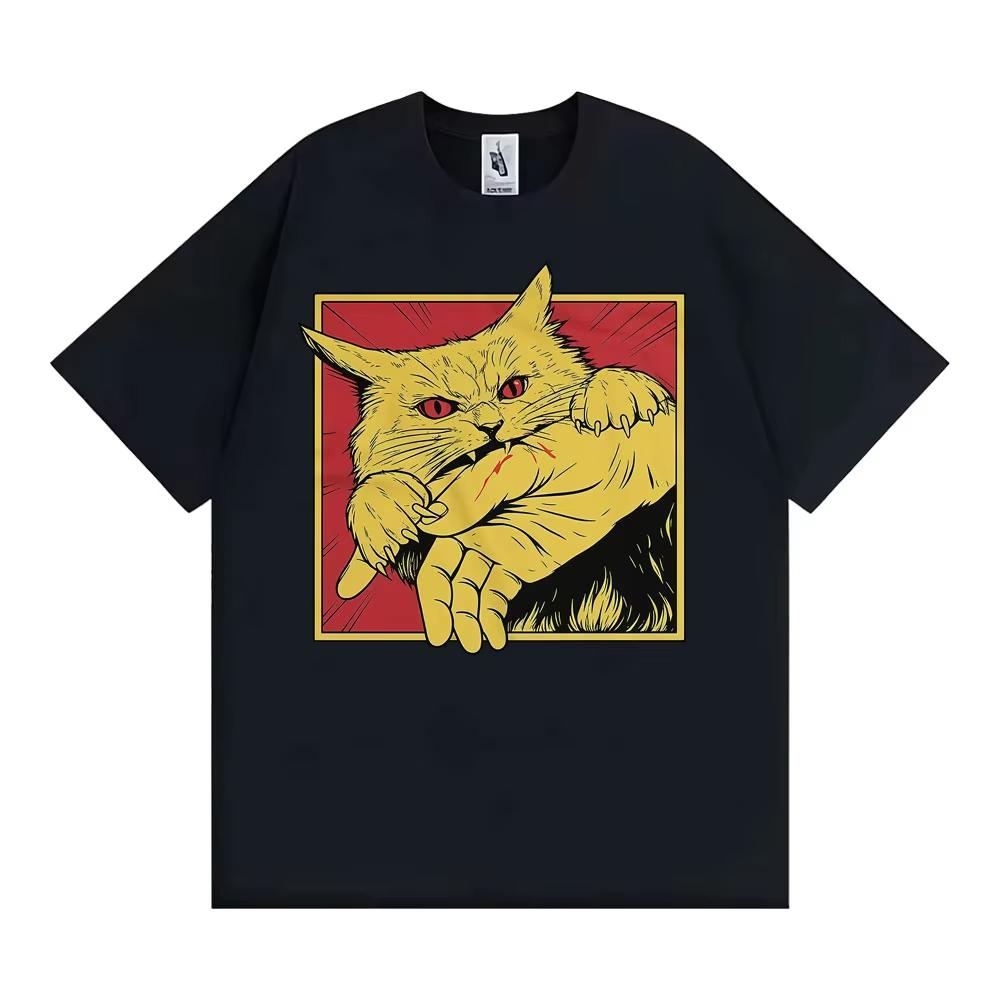 

Angry Cat Biting Hand Funny Meme Tee Shirt Fashion Vintage Oversized T Shirts Men Women Summer Tops High Quality Cotton T-shirts 5XL