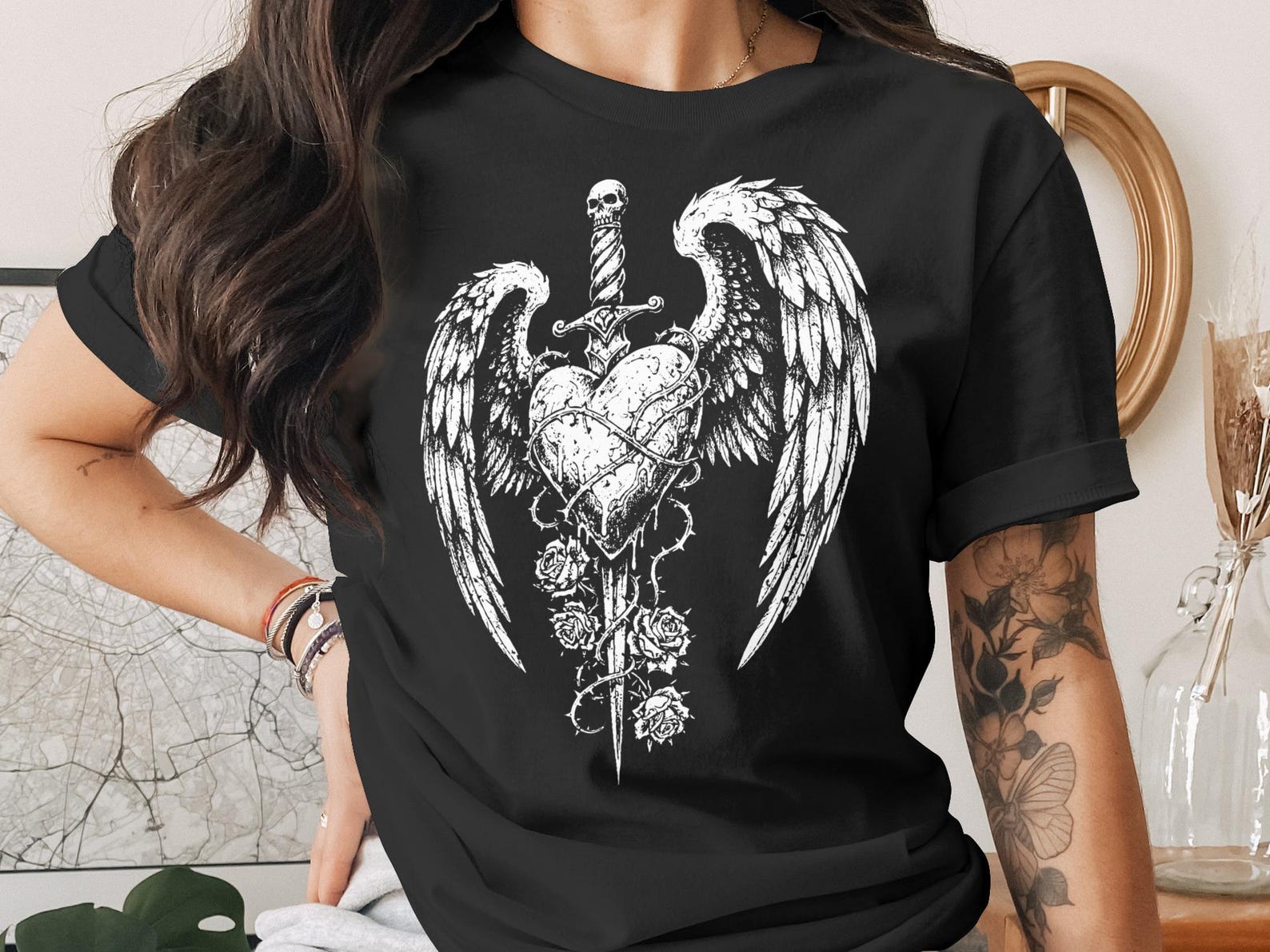 Gothic Heart Skull Wings T-Shirt, Edgy Dark Romance Alt Fashion Tee, Grunge Apparel, Metalhead Goth Style Top 2XL