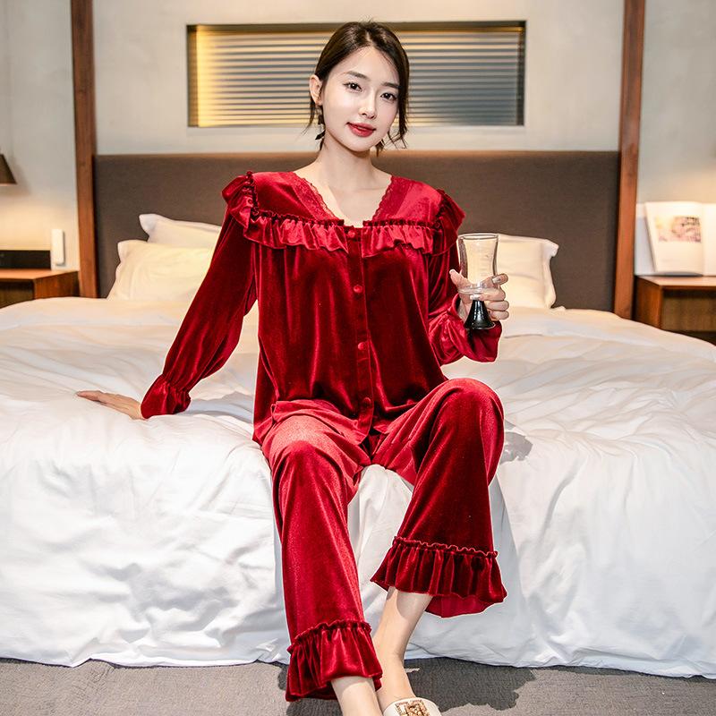 Samt Pyjamahose Set Herbst und Winter Damen Pyjama Set Lockerer Samt Hausanzug Pyjama Damen Hausanzug
