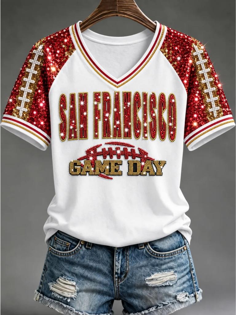 Printed Design Women's San Francisco Game Day Rhinestone Effect Football Raglan V-Neck Short Sleeve T-Shirt