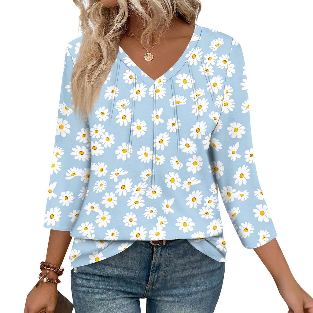 Women's Casual Tops V Neck Pull Stripe Prints Seven Sleeve Tops