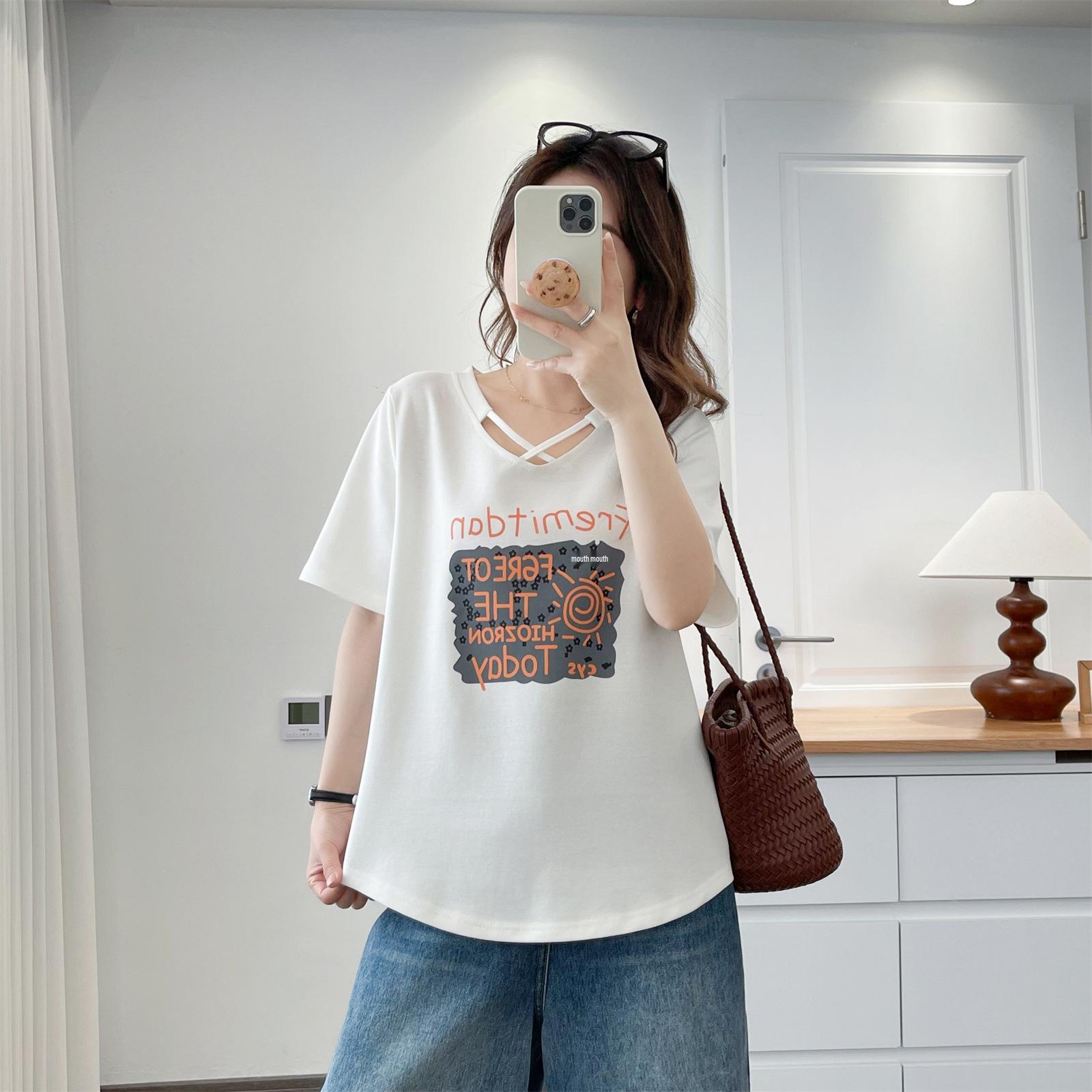 

Plus Size Cotton Crossover Neck T-Shirt (2026 Summer) 3XL білий