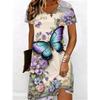 3D Colorful Butterfly Pattern Printed Dress Women's Summer Short Sleeve V-Neck Casual Vacation Dress