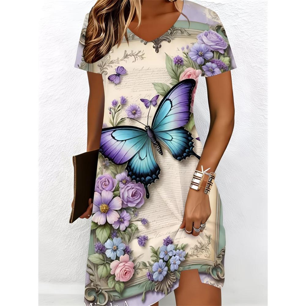 3D Colorful Butterfly Pattern Printed Dress Women's Summer Short Sleeve V-Neck Casual Vacation Dress