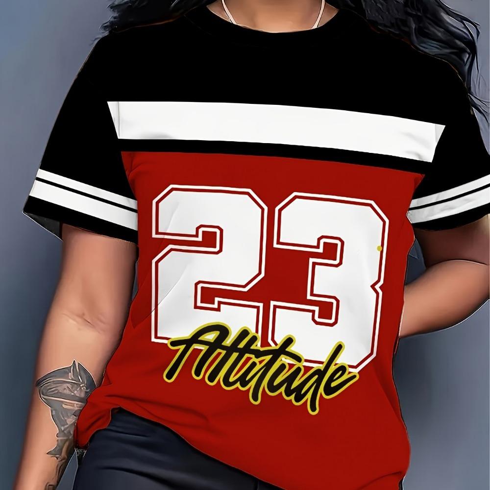 Women's Contrasting Color Numbers and Letters Printed Short-sleeved T-shirt Summer Women's Casual Top T-shirt