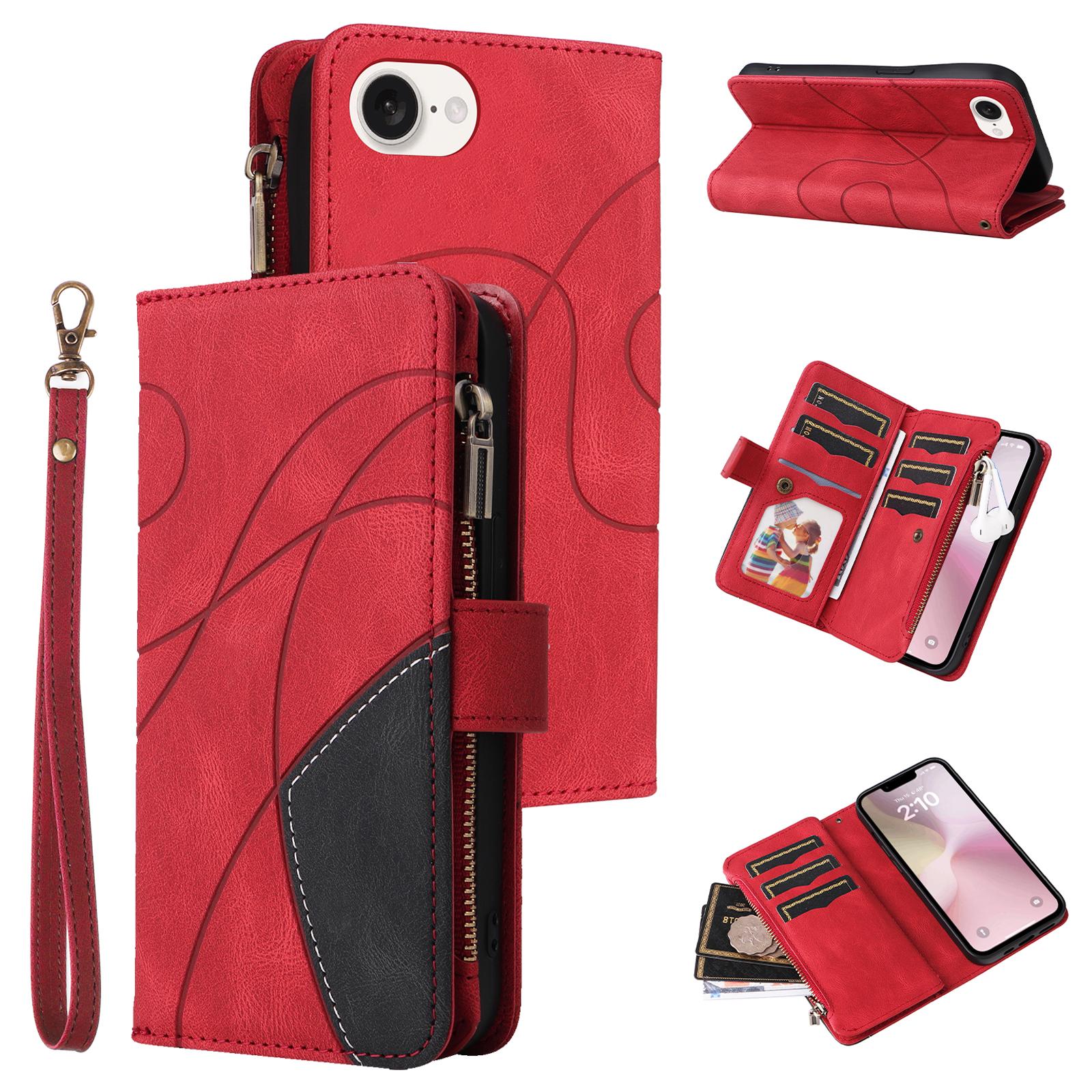 

For iPhone 16e Leather Case with Strap Zipper 9 Card Slot Phone Cover Stand Red