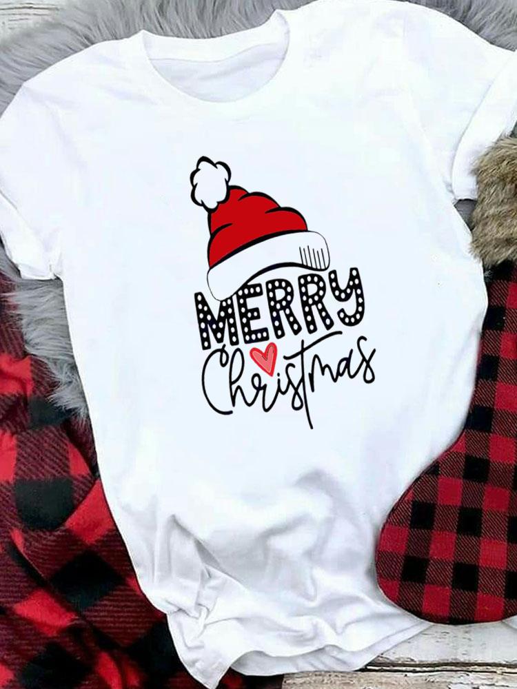 (Asian Size) Tree Lovely Letter Style Women Holiday Print Tee Top Festival Merry Christmas New Year Casual  Lady Short Sleeve Fashion Graphic T-shirts