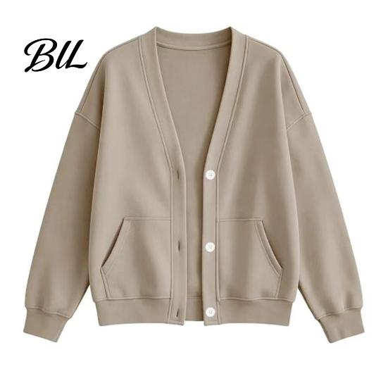 Giacca Casual Autunno Inverno Donna Cardigan con Bottoni Scollo a V, Felpa Oversize Monocolore con Cardigan Scollo a V Doppia Tasca, Manica Lunga