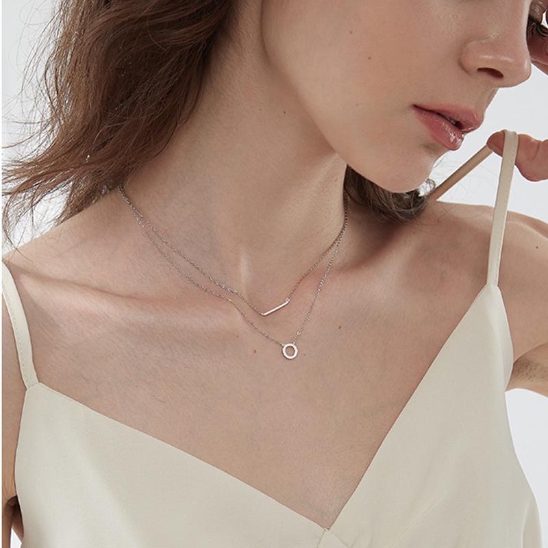 Collier en argent sterling 925 avec pendentif rond en cristal et chaîne à maillons double couche pour filles et femmes