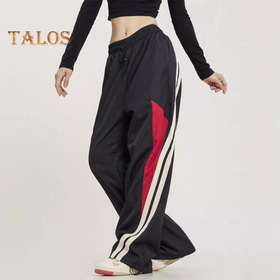 Women Pants Elastic High Waist Adjustable Drawstring Wide-Leg Vertical Stripe Stitching Pants Retro Street Style Sport Trousers