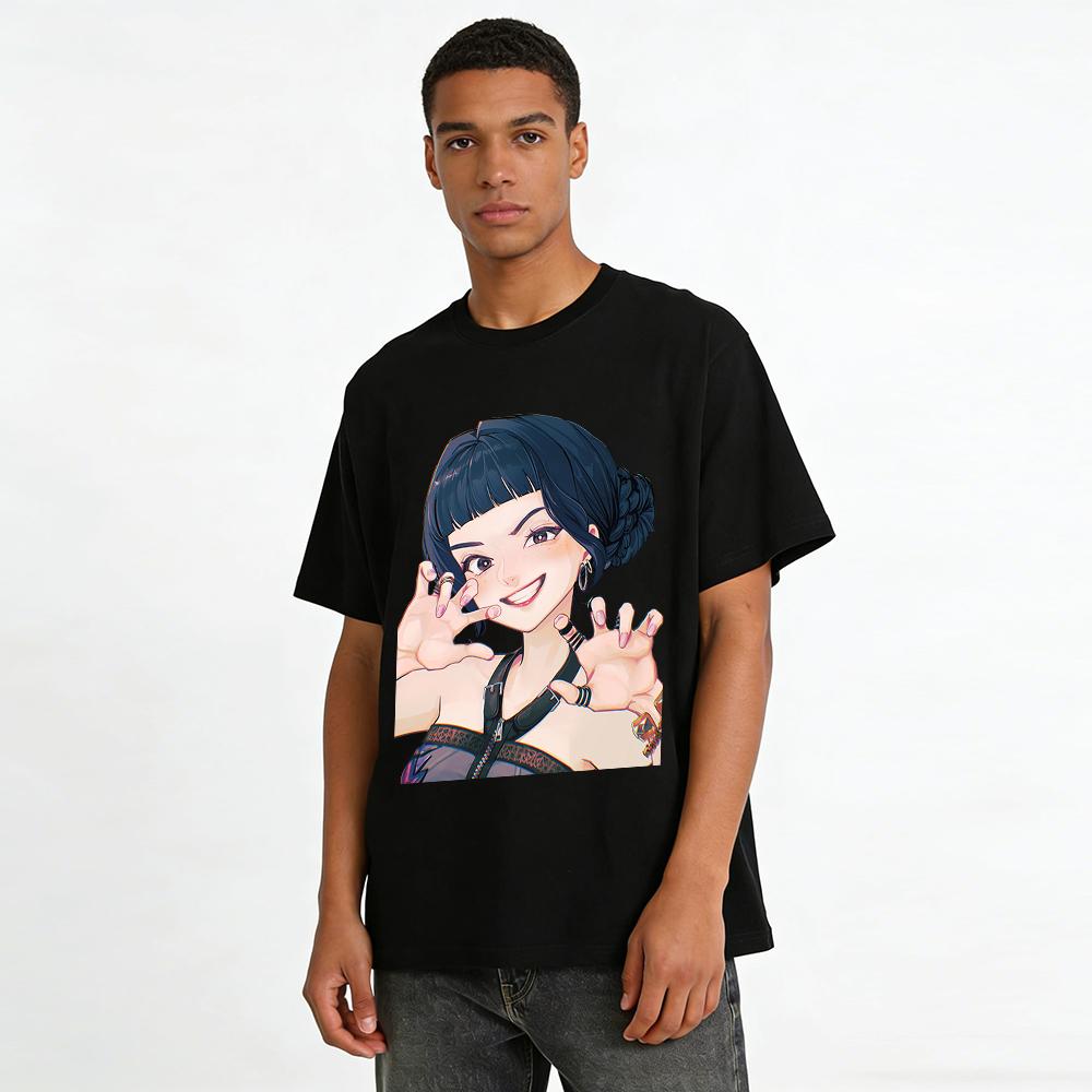 Cool Girl Dark Style Printed T-shirt, Casual Loose Fit Tee With Edgy Anime Girl Graphic For Daily Wear Pure Cotton T-shirt